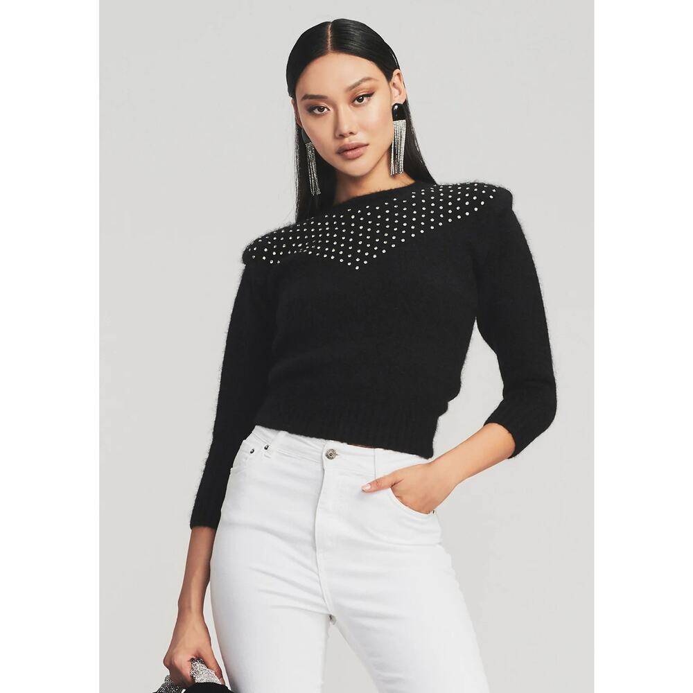 Retrofete Astra Mock Neck Sweater Mohair Wool Crystal Embellished Black Size L